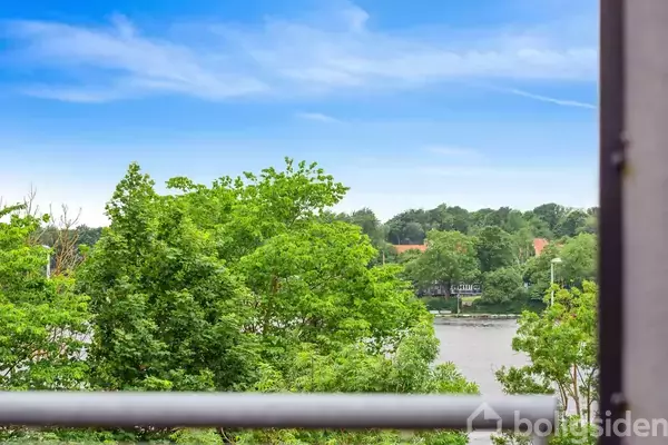 Træer og grønne buske står stille langs en flod i en frodig, grøn park under en klar blå himmel. En hvid balustrade ses i forgrunden.