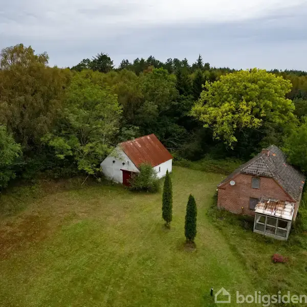 To huse ligger tæt ved en grusvej omgivet af frodige træer og grønne områder. Det ene hus har et rødt tag, og der er græsplæne med to slanke træer foran.
