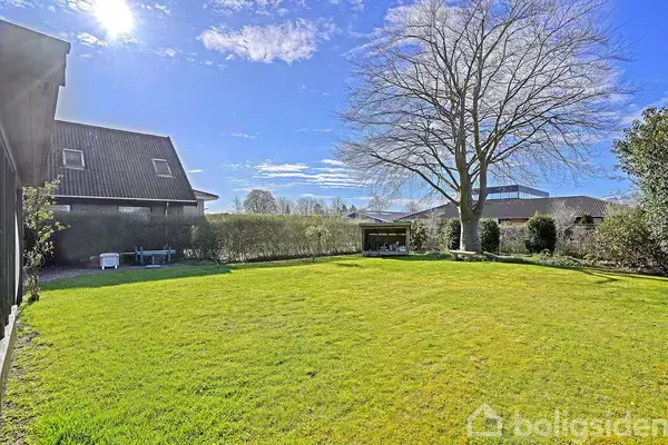 En velplejet græsplæne strækker sig mellem to huse, mens et stort træ kaster skygger i baggrunden. Skyfrie blå himmel skaber en lys atmosfære.