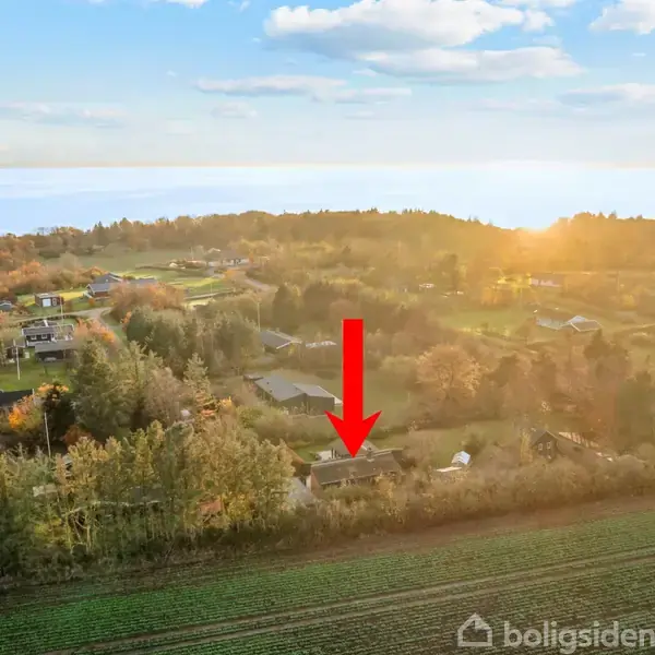 Rød pil peger mod et hus omgivet af træer i et grønt landskab. Solopgang belyser området, hvor der er spredte boliger tæt ved en sø i baggrunden.