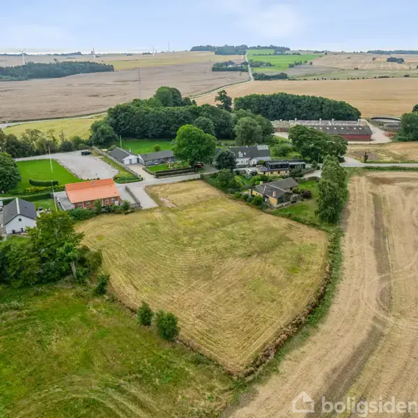 En lille landsby med huse og gårdhaver ligger omgivet af store gule marker. Bygningerne har grønne træer omkring sig, og veje forbinder området. Fjernere kan man se flere marker og skove.