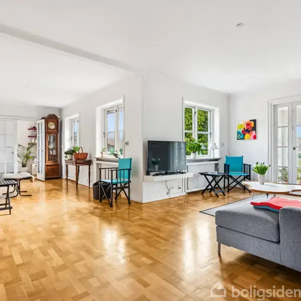 Stuen indeholder en grå sofa og et tv på en hvid væg. Der er trægulve, store vinduer og en varm pejs i det fjerne.