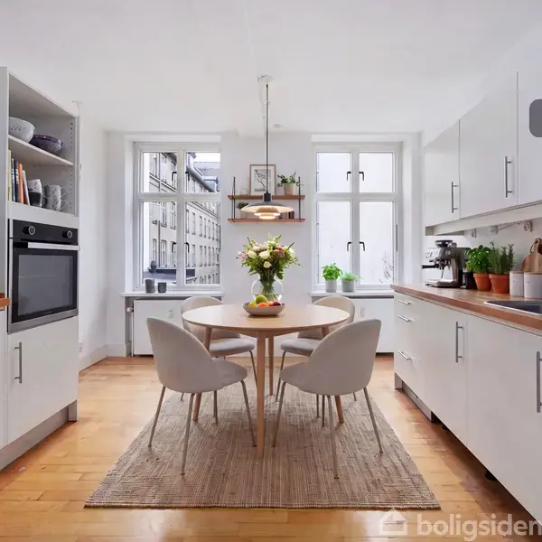 Et moderne køkken med et rundt bord og fire stole i midten. Bordet er pyntet med en vase med blomster. Lyse træplanker dækker gulvet, omgivet af hvide skabe.