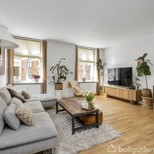 En stue med en grå sofa står ved et sofabord med planter. Rummet har trægulve, store vinduer med lysindfald, en TV-enhed, og vægge med dekorationer.