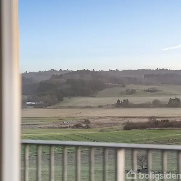 Udsigt over et grønt landskab med marker og en skov i horisonten set fra en balkon. Himlen er blå og klar.