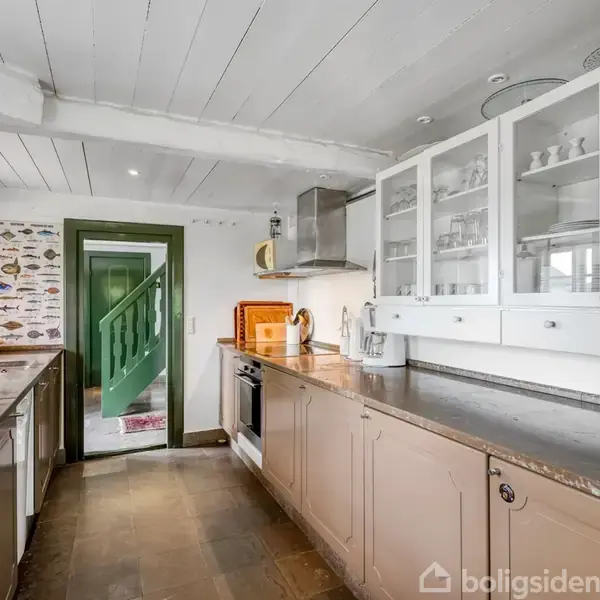 Et moderne køkken med træskabe og stålbordplader, hvor indbyggede apparater er synlige. En dør fører til en trappe malet i grøn. Bagvæggen er dekoreret med et fiskemotiv.