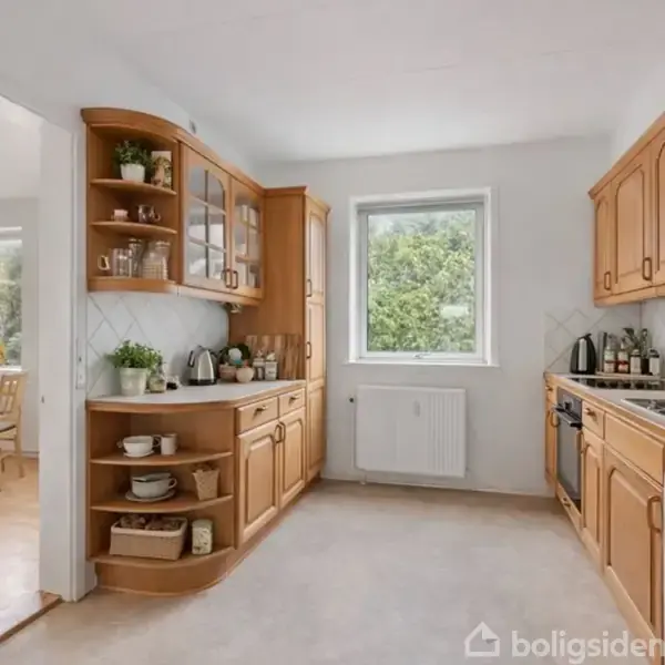 Trækøkken med åbne hylder og skabe fyldt med køkkenudstyr, placeret i hus med hvidt værelse og vindue med udsigt til grønne træer, åbner ud mod spisestue med bord og stole.