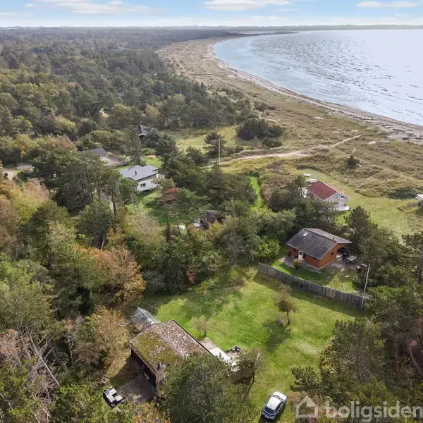 Hus omgivet af frodige træer ved siden af en lang sandstrand. Flere huse spredt i området med skov i baggrunden. En bil er parkeret i nærheden.