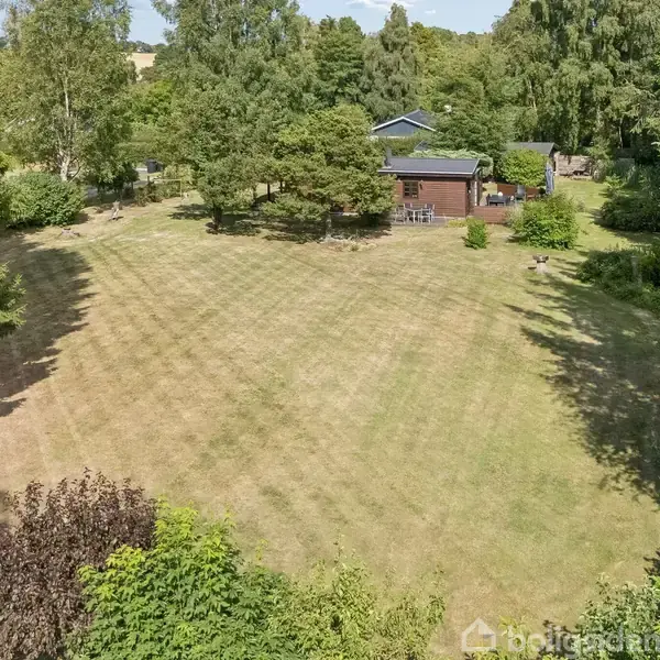 Et træhus står i en stor, åben have omgivet af mange træer. Huset er placeret centralt i det grønne landskab, hvilket skaber en rolig, naturlig atmosfære.