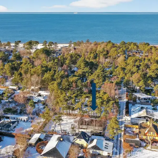 En landsby med snedækkede huse og træer strækker sig mod en skov langs kysten. Havet ses i baggrunden under en klar blå himmel.