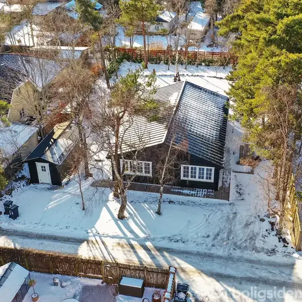 Hus med sort tag ligger i snedækket område omgivet af høje træer og flere bygninger. Støder op til en sneklædt sti. Flere genstande står i haven omkring huset.