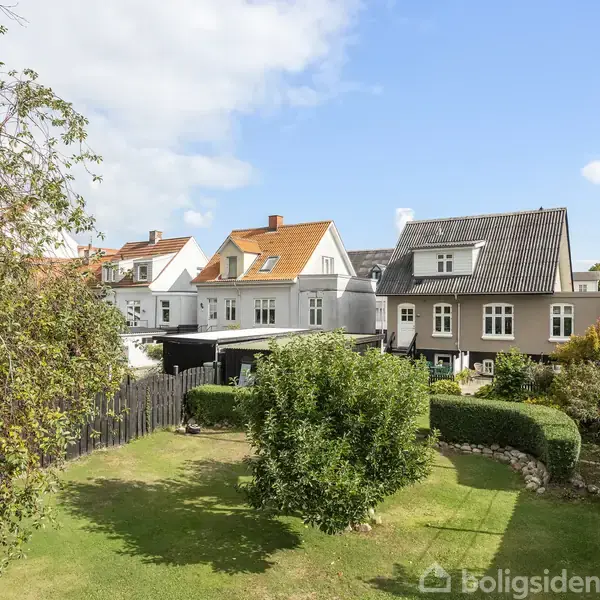 Haver med grønne træer og buske omkranser række af danske huse med røde og sorte tage under blå himmel. Dannebrog flag vajer i vinden.