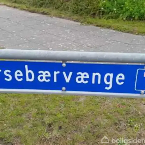 Et blåt vejskilt viser teksten "Kirsebærvænge" med en symbol for en blind vej. Skiltet står i en græsplæne ved siden af en flisebelagt sti.