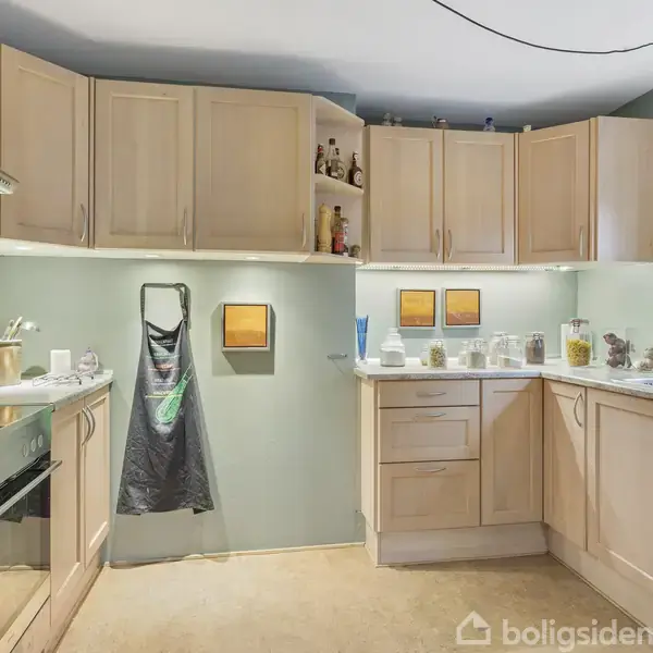 Køkken med lyse træskabe, arrangeret i en L-form, moderne ovn og opvaskemaskine, hængende forklæde på væggen, dekoreret med krydderikrukker, og et stort vindue med udsigt til træer.