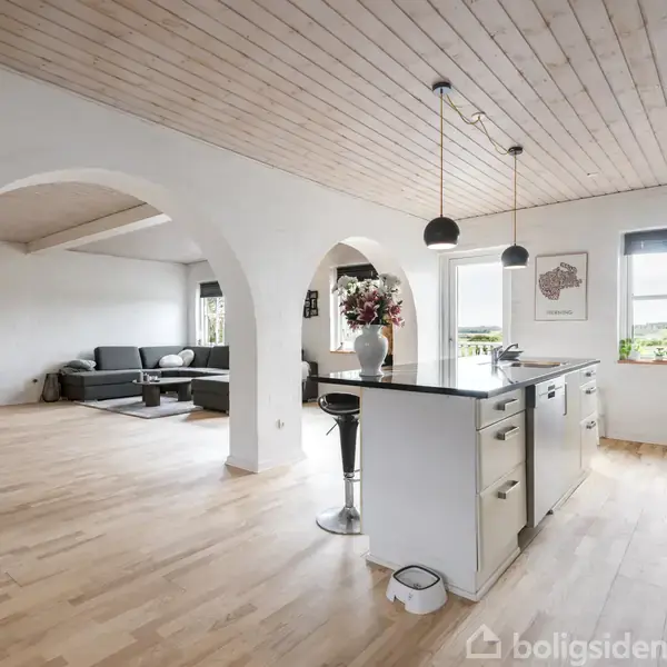 Køkkenø med barstol står midt i et moderne rum med trægulv, lyse vægge og buegange. Til venstre ses en sofagruppe. Der er store vinduer og planter i hjørnerne.