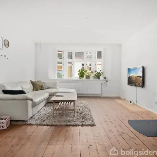 Sofa i hvid står på et brunligt trægulv med tæppe foran. Pejs med ild til højre og planter i vindueskarm. Væggene er hvide med enkelte billeder.