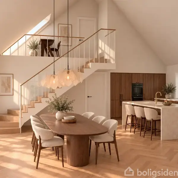 Et moderne køkken med en stor, oval spisebord omgivet af otte stole. Ovenfor hænger tre pendellamper. I baggrunden er der en trappe til første sal og et køkkenområde med en ø.