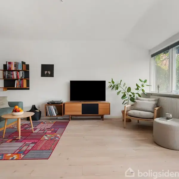 Stue med en sofa og sofabord placeret på et farverigt tæppe. En tv-skærm står på et træskab. Bøger er på hylder, og planter er ved vinduet med udsigt til en have.