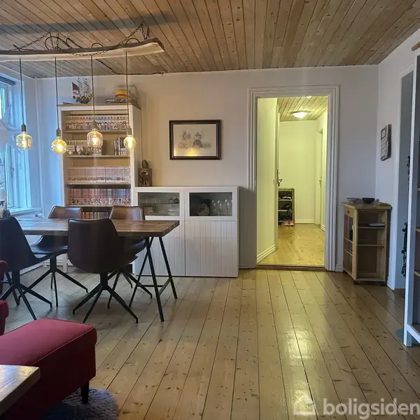 En spisestue med et bord og fire stole står ved vinduet. Lamper hænger fra loftet. Bøger er på hylderne, og der er en åben dør til en gang.