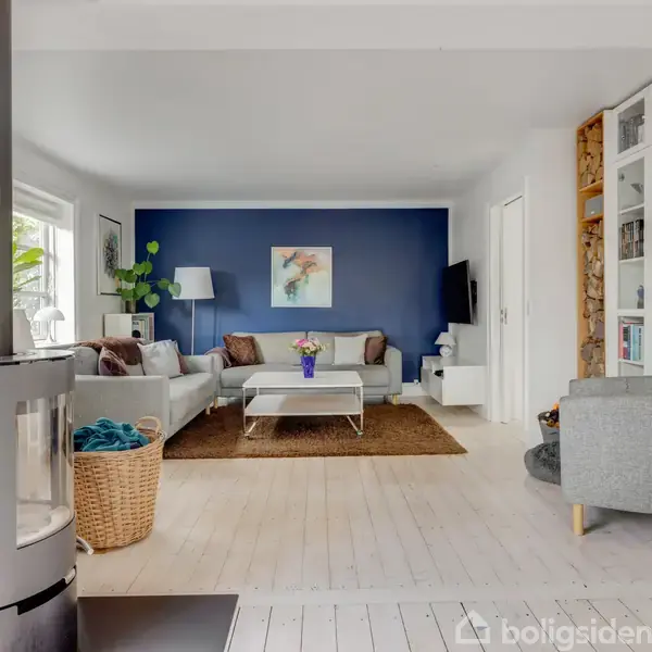 Brændeovn står i moderne stue, med lyse trægulve og en mørkeblå accentvæg. To lyse sofaer omkranser et sofabord, omgivet af planter, lamper og en reol fyldt med bøger.