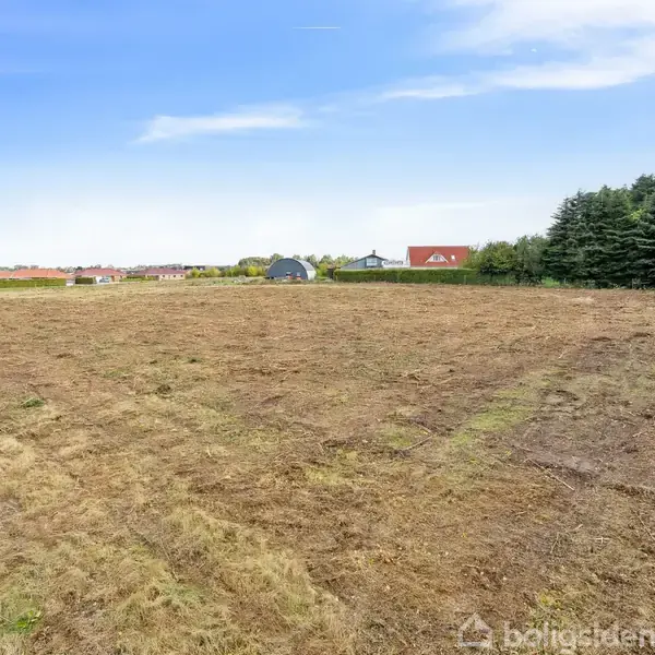 En stor, flad mark med kortklippet græs ligger stille under en blå himmel. I baggrunden ses flere huse, der omgives af grønne træer og buske.
