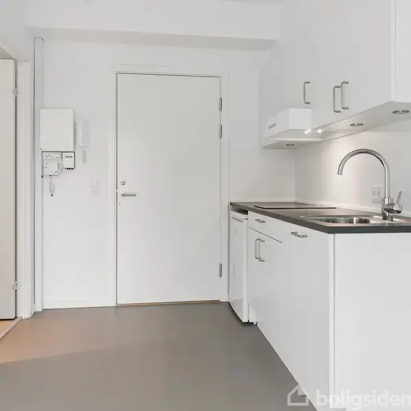 Et lille hvidt køkken med vask og komfur er placeret i et rum med gråt gulv. Der er en dør og telefonpanel til venstre.