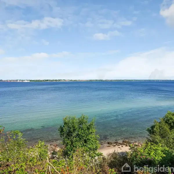 Havudsigt med klart blåt vand strækker sig mod horisonten. Grønne buske og træer ses ved strandkanten under en blå himmel med lette skyer.