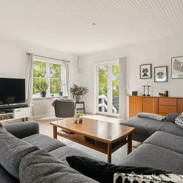 En grå sofa står i en lys stue, vendt mod et stort TV på et hvidt skab. Træbord i midten, billeder og lamper på væggen, planter ved vindue.