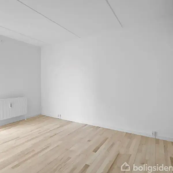 Et tomt rum med lyse trægulve og hvide vægge. En åben dør viser udsigt til en altan, og der er en radiator placeret ved væggen til venstre.