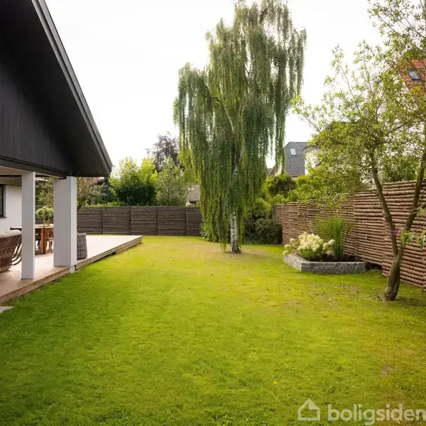 Moderne have med grøn græsplæne omgivet af træer og hegn, tilknyttet et hus med sort yderbeklædning og en terrasse med havemøbler i baggrunden.