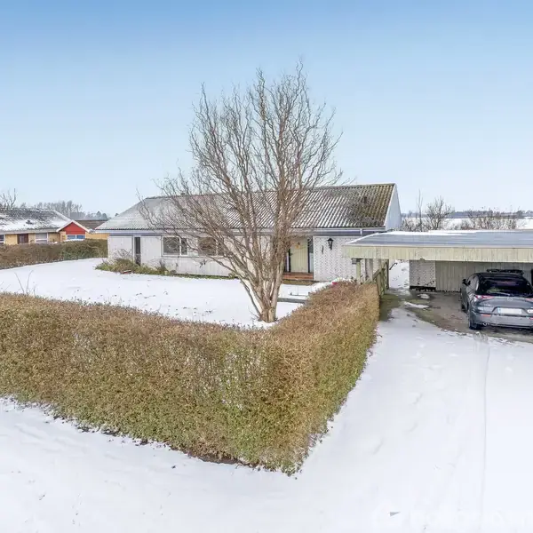 Hus med fladt tag står i et snedækket landskab. Bilen er parkeret i en garage ved siden af huset. Hækken omgiver haven, og et træ står i forgrunden.