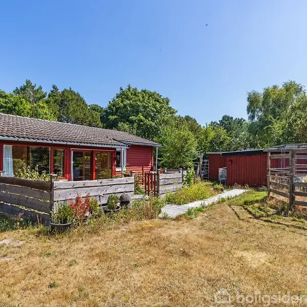 Rødt træhus med store vinduer, omkranset af en solrig, tør græsplæne. I baggrunden ses tætte grønne træer og blå himmel, mens et hegn omgiver en del af området.
