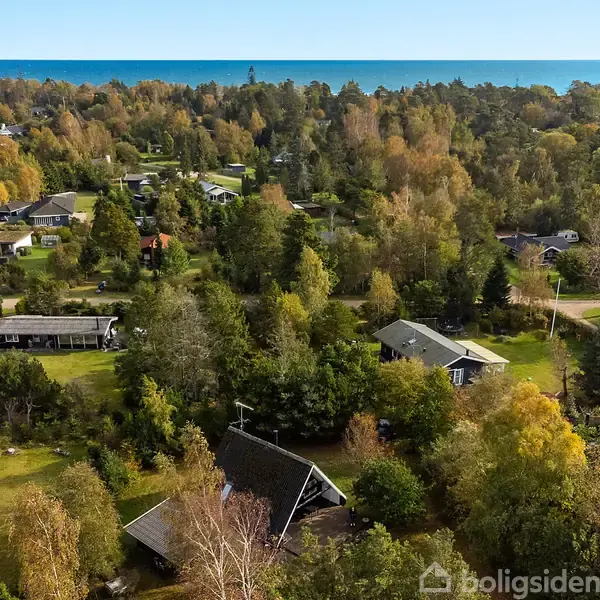 Luftfoto viser et boligområde med spredte huse og tæt beplantet skov. Havet ses i baggrunden, hvilket skaber en fredelig atmosfære.
