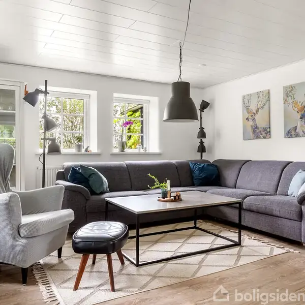 Grå sofa står i en stue med træbord, lamper og et gråt lænestol. På væggen hænger to billeder af dyr. Der er tre vinduer med udsigt til grønne planter.