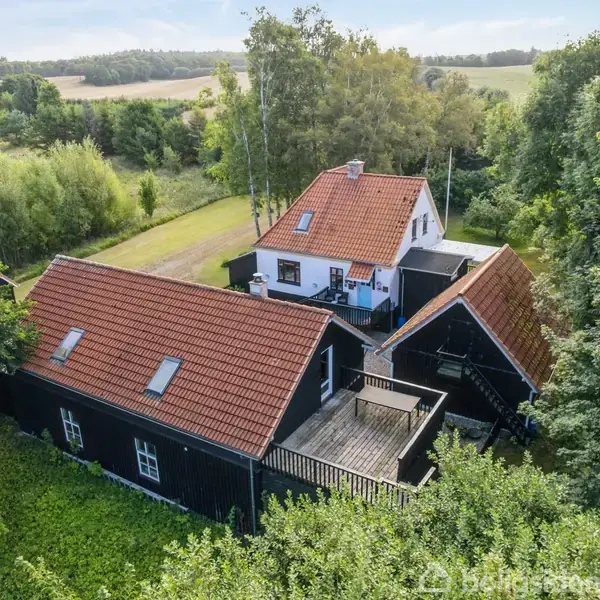 Et sort hus med rødt tag ligger midt i en frodig skov. Et hvidt anneks ses bag huset. Omgivet af høje træer og en grussti.