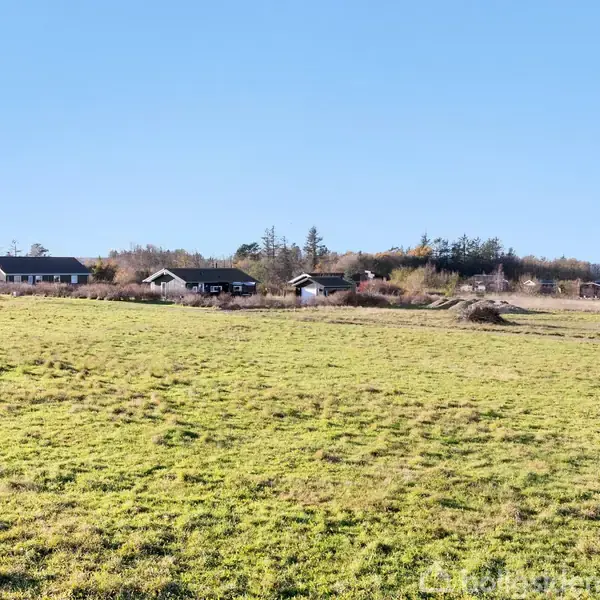 Græsmark ligger i forgrunden, med flere små huse spredt i baggrunden omgivet af træer og buske under en klar blå himmel.
