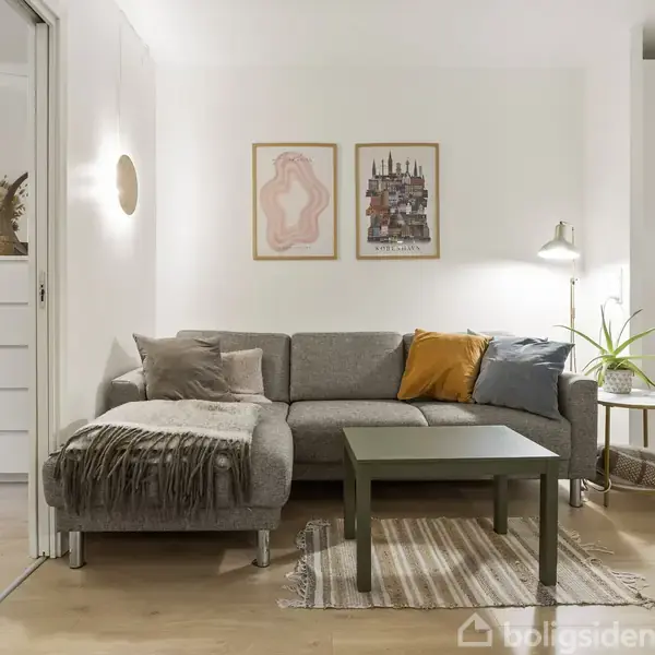 Grå hjørnesofa fyldt med farverige puder står i en lys stue med trægulv. To billeder hænger over sofaen. Et lille bord og gulvlampe står ved siden af en plante.