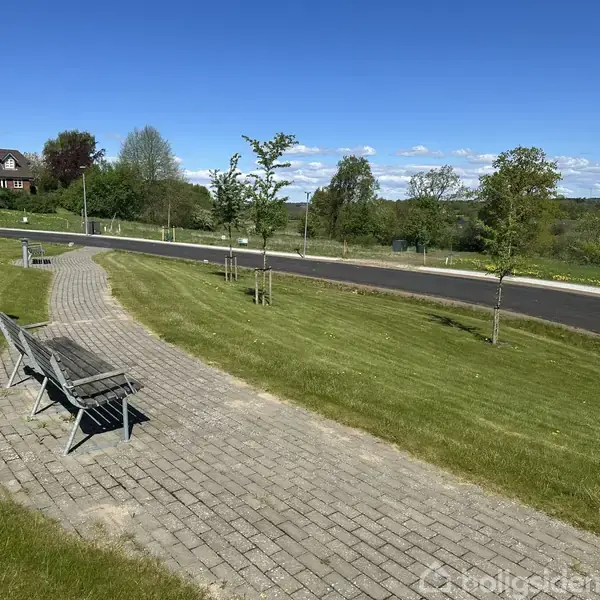 Bænke står på en brolagt sti i en park, omgivet af velholdt græsplæne og træer, med en vej i nærheden under en klar blå himmel.