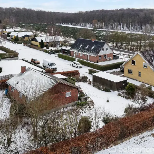 En række huse dækket af sne står stille i et villakvarter med hække og træer; baggrunden viser en skov. Biler er parkeret langs de snedækkede veje.
