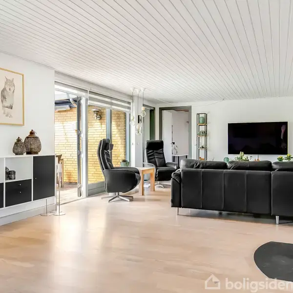 Sort lædersofa står ved pejs i moderne stue med trægulv, hvidmalet loft og store vinduer. Væggen prydes af to indrammede dyrebilleder, og et TV hænger centralt.