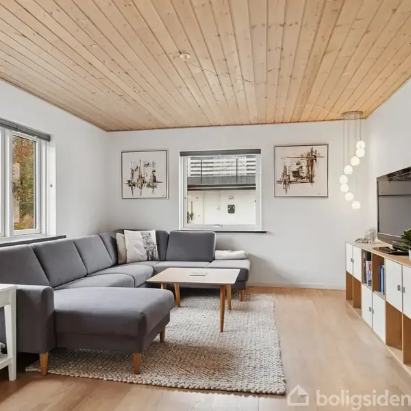 En grå hjørnesofa står i en stue med træloft og lyst trægulv. Ved siden af er der et lille hvidt bord, en reol med en tv, og en plante. Væggene er hvide med indrammede billeder. Stort vindue giver udsigt til et hus og træer udenfor.