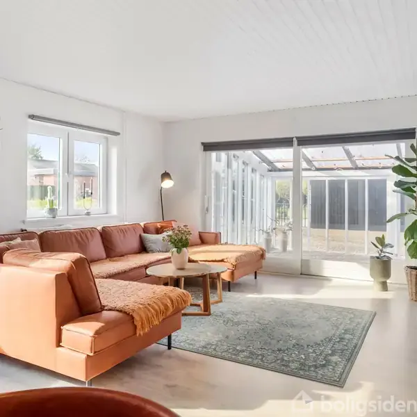 Brun lædersofa står i en stue med lysindfald fra store vinduer. En grøn plante er placeret ved siden af et træ-tv-bord. Rummet har hvidmalede vægge og gulvtæppe.