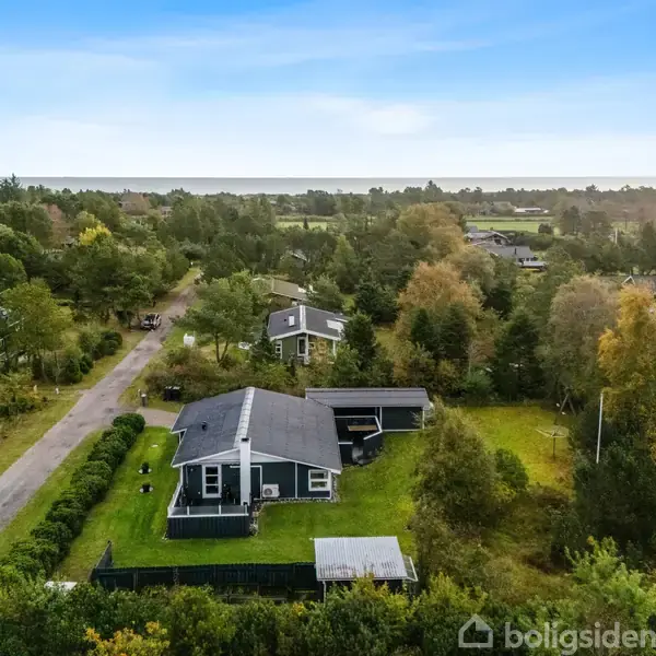 Et sort hus med hvidt tag står stille i en frodig have omgivet af træer og græs. En lille vej løber forbi, omgivet af flere huse og skov.