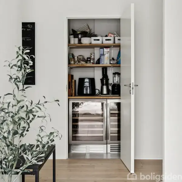 Et åbent skab med hylder indeholder køkkenudstyr som en kaffemaskine og blender, samt madvarer og opbevaringsbokse. Skabets bund har en dobbelt køleskabsdør, og en plante står i forgrunden.