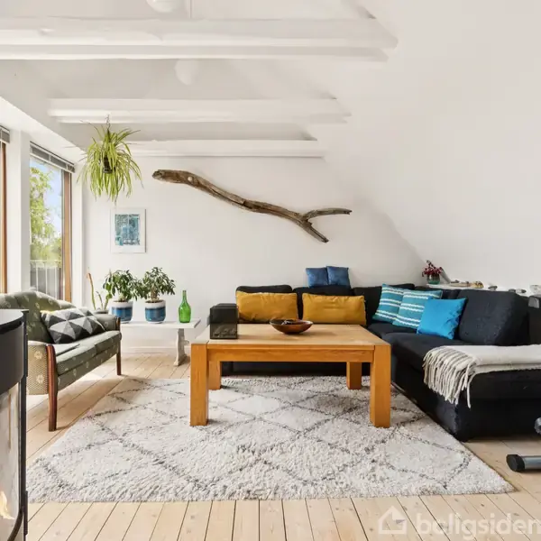Stue med sort sofa og træbord, mens brændeovn er tændt. Rummet har store vinduer, en ophængt plante, kunst på væggen og træbjælker i loftet. Cykeltræner i hjørnet.