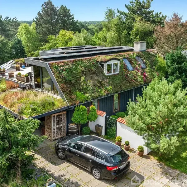 Et hus med grønt tag og solpaneler står omgivet af frodig skov. En sort bil holder parkeret på en flisebelagt indkørsel foran huset. Terrasse har planter og møbler.