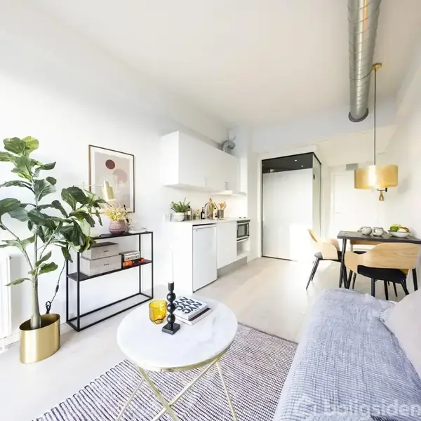 Stue med sofa og sofabord, moderne køkken i baggrunden. Grønne planter og kunst på væggene. Spisebord med stole til højre, lys og stilfuld indretning.