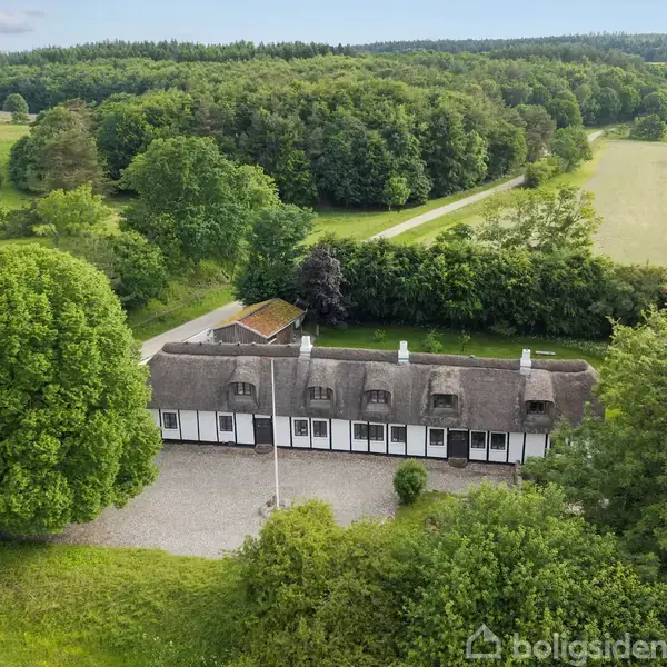 Bindingsværkshus med stråtag omgivet af frodig skov. Huset har flere små vinduer og en gårdsplads med grus. En lang vej leder gennem det grønne landskab.
