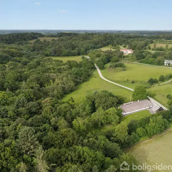 En hvid bygning ligger omgivet af frodig skov og grønne marker. En snoet vej strækker sig gennem landskabet under en blå himmel med få skyer.