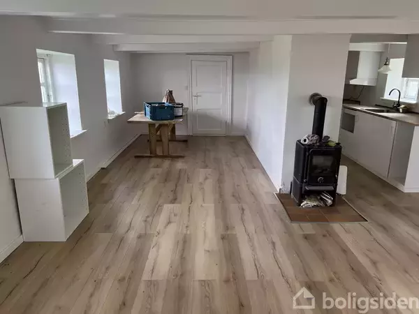 Trægulvrum med brændeovn til højre og køkken i baggrunden. Bord med kurv ved dør, lys indgang til venstre. Møbelopbevaring står til venstre.